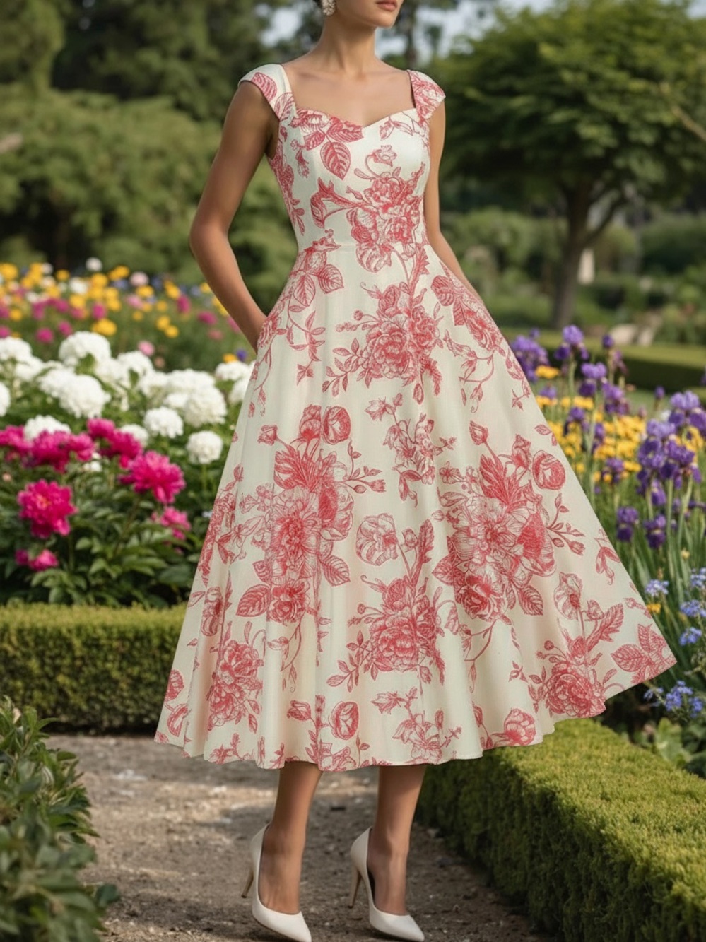 NWT Chillinen/ Linen Vibes Elegant White Midi Dress with Pink Floral Print
